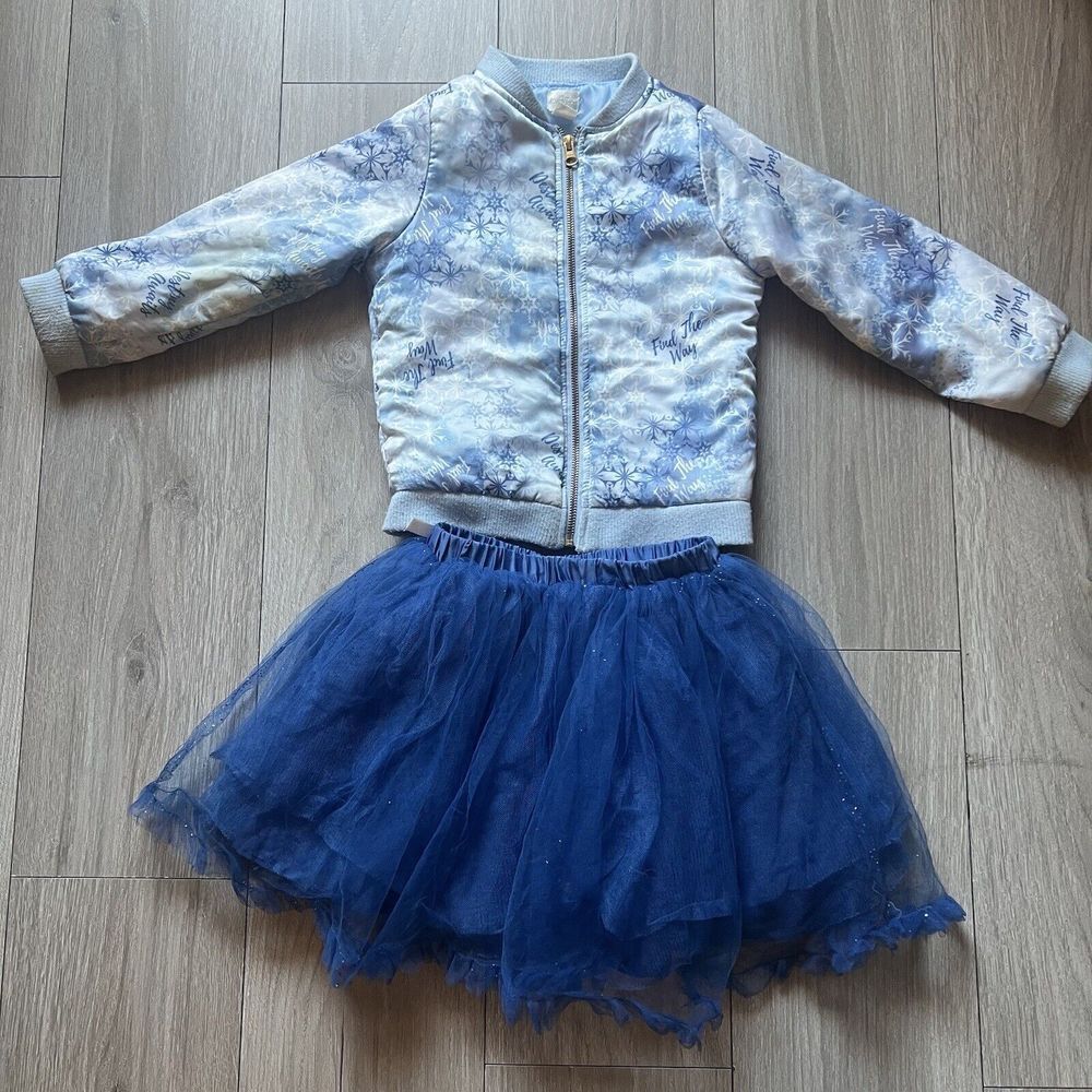 Disney Frozen Outfit Set Blue‎ Coat Jacket + Tutu Skirt Silver Glitter 5-6T
